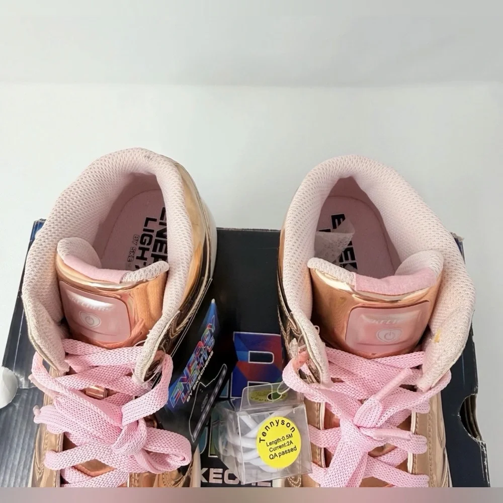NEW Skechers Energy Lights Rose Gold Metallic LED High Top Shoes Kids 5 TESTED